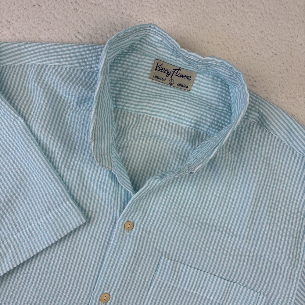 KENNY FLOWERS Mens Seersucker Short Sleeve Shirt Large Blue Cotton Lightweight
